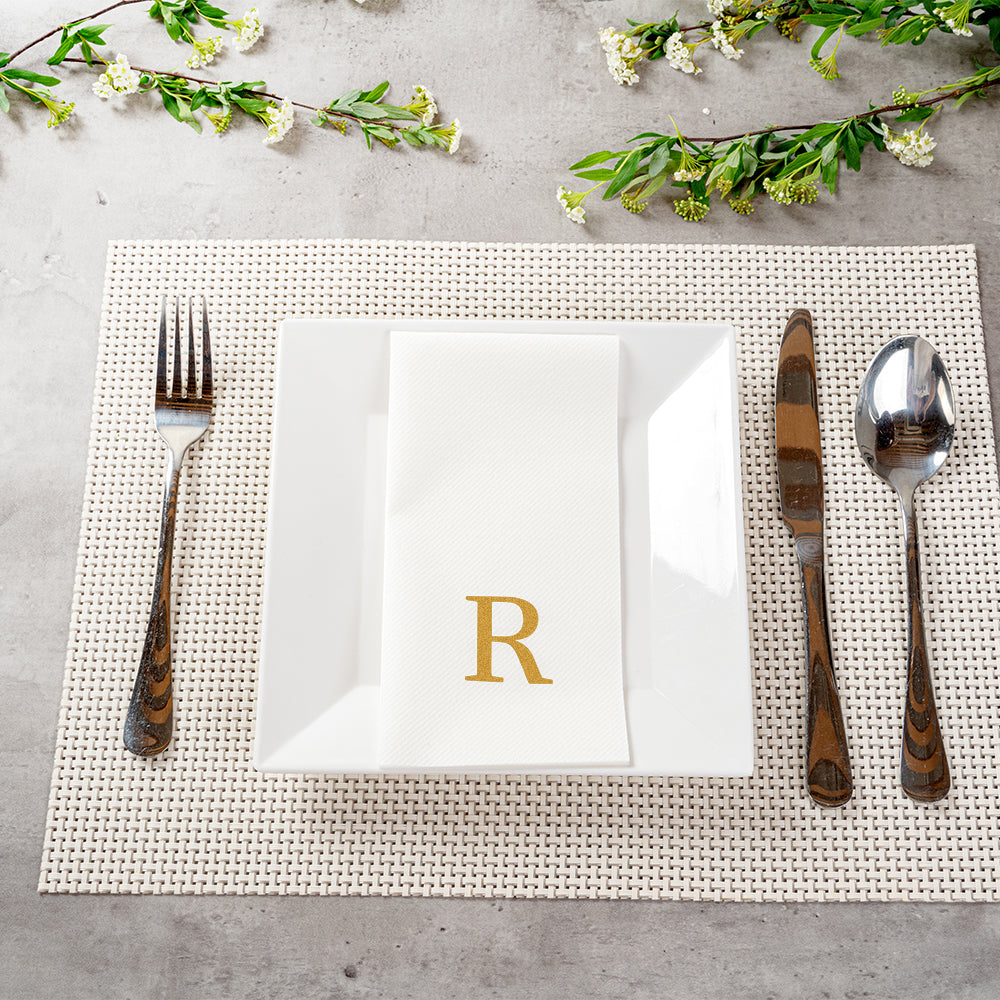Luxenap Rectangle Gold Letter R White Paper Linen-Feel Guest Towel / Napkin - Air Laid, Sans Serif Font - 15 3/4" x 8" - 50 count box