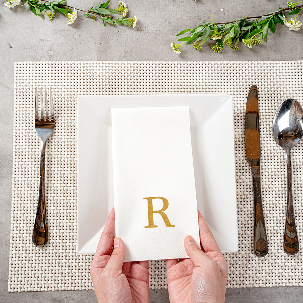Luxenap Rectangle Gold Letter R White Paper Linen-Feel Guest Towel / Napkin - Air Laid, Sans Serif Font - 15 3/4" x 8" - 2000 count box