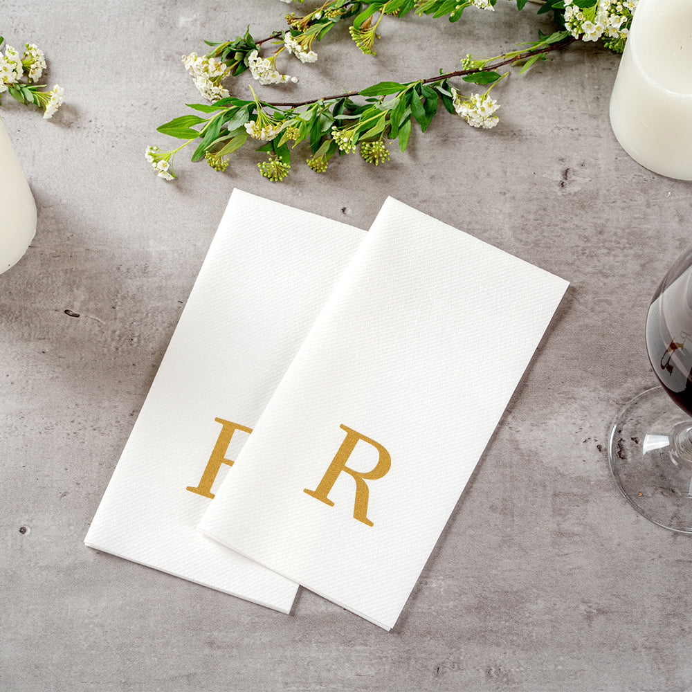 Luxenap Rectangle Gold Letter R White Paper Linen-Feel Guest Towel / Napkin - Air Laid, Sans Serif Font - 15 3/4" x 8" - 2000 count box