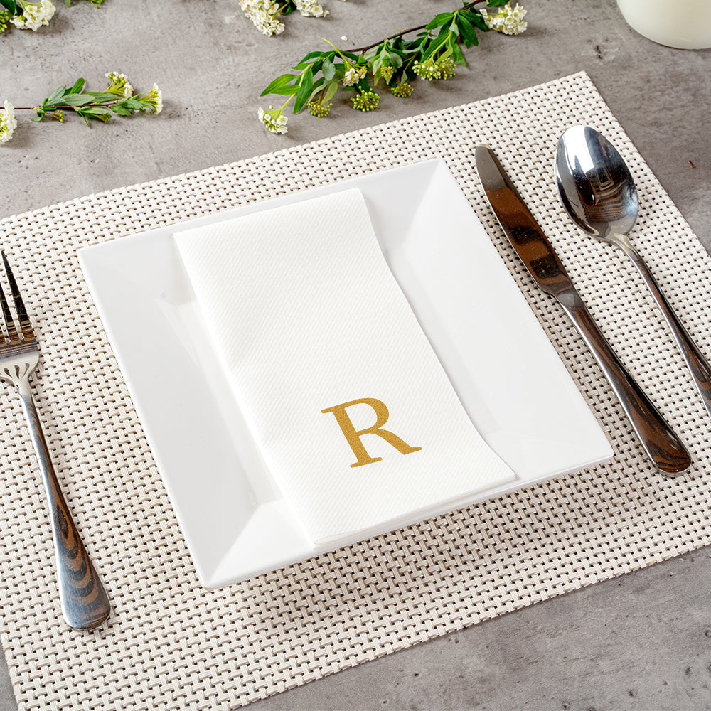 Luxenap Rectangle Gold Letter R White Paper Linen-Feel Guest Towel / Napkin - Air Laid, Sans Serif Font - 15 3/4" x 8" - 2000 count box