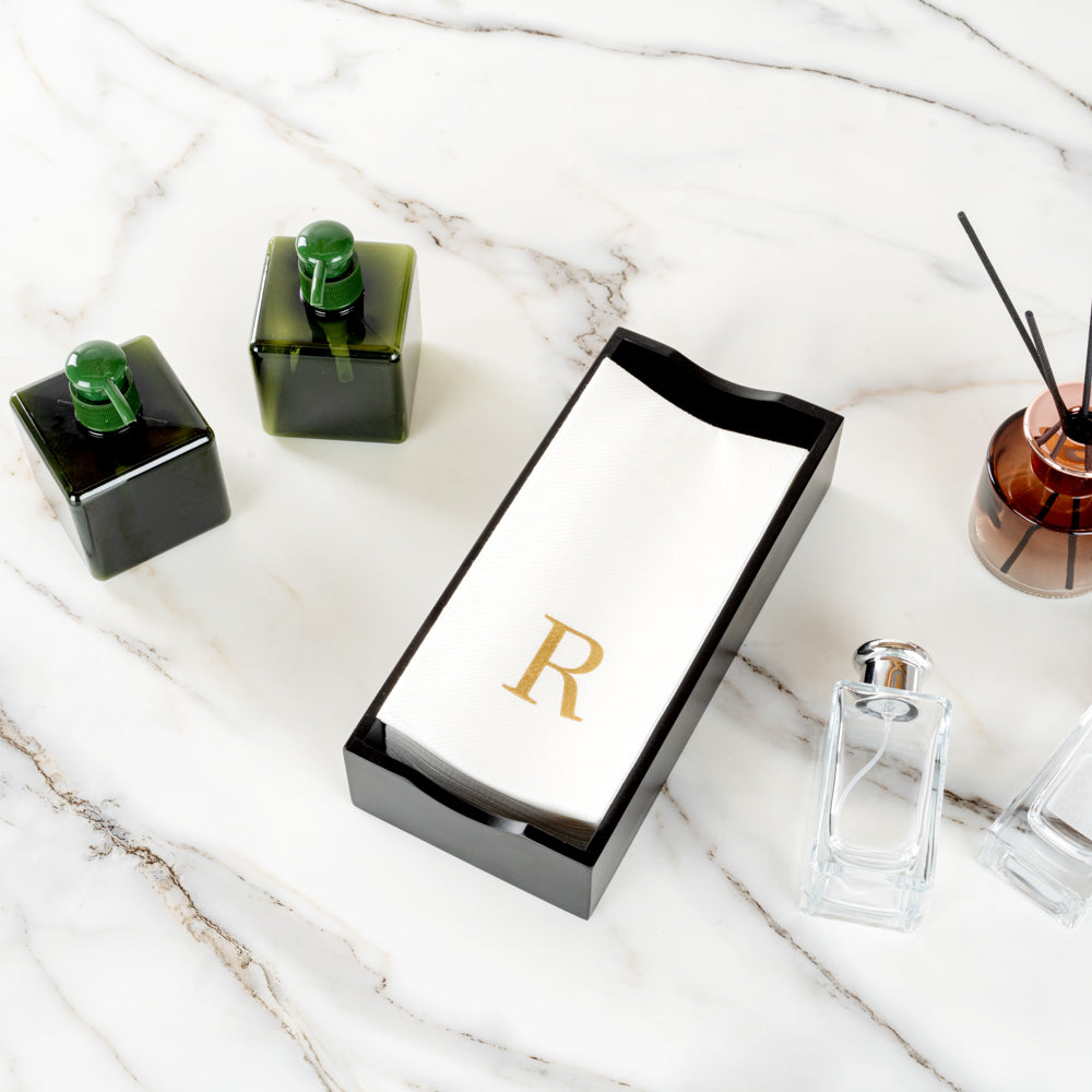 Luxenap Rectangle Gold Letter R White Paper Linen-Feel Guest Towel / Napkin - Air Laid, Sans Serif Font - 15 3/4" x 8" - 2000 count box