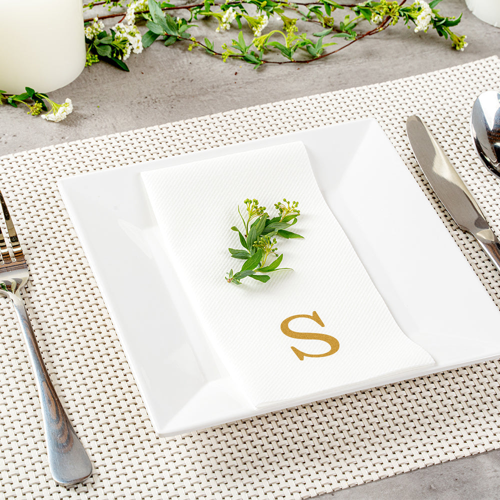 Luxenap Rectangle Gold Letter S White Paper Linen-Feel Guest Towel / Napkin - Air Laid, Sans Serif Font - 15 3/4" x 8" - 2000 count box