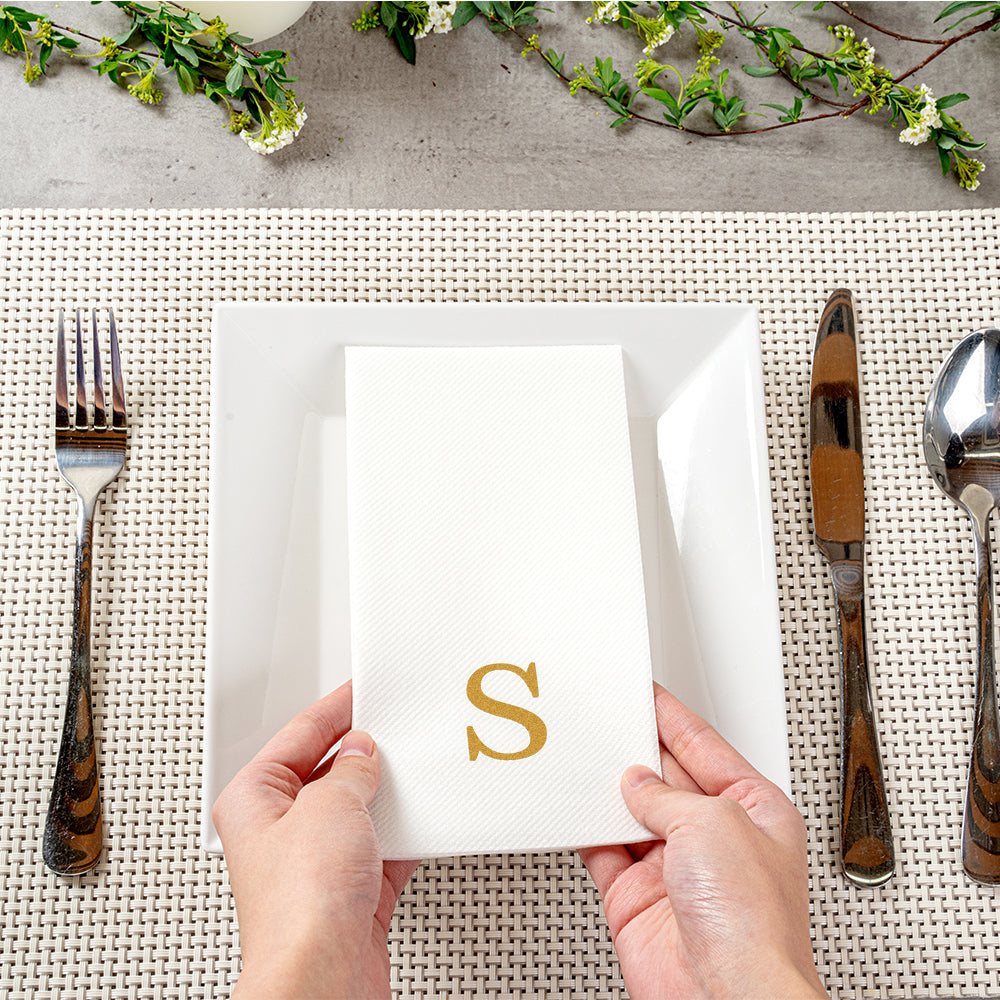 Luxenap Rectangle Gold Letter S White Paper Linen-Feel Guest Towel / Napkin - Air Laid, Sans Serif Font - 15 3/4" x 8" - 50 count box