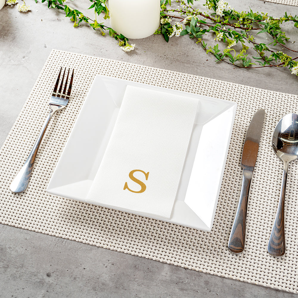 Luxenap Rectangle Gold Letter S White Paper Linen-Feel Guest Towel / Napkin - Air Laid, Sans Serif Font - 15 3/4" x 8" - 2000 count box