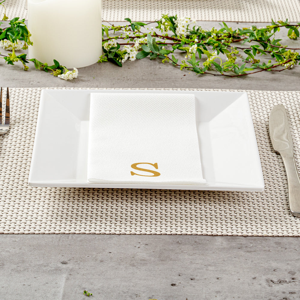 Luxenap Rectangle Gold Letter S White Paper Linen-Feel Guest Towel / Napkin - Air Laid, Sans Serif Font - 15 3/4" x 8" - 2000 count box