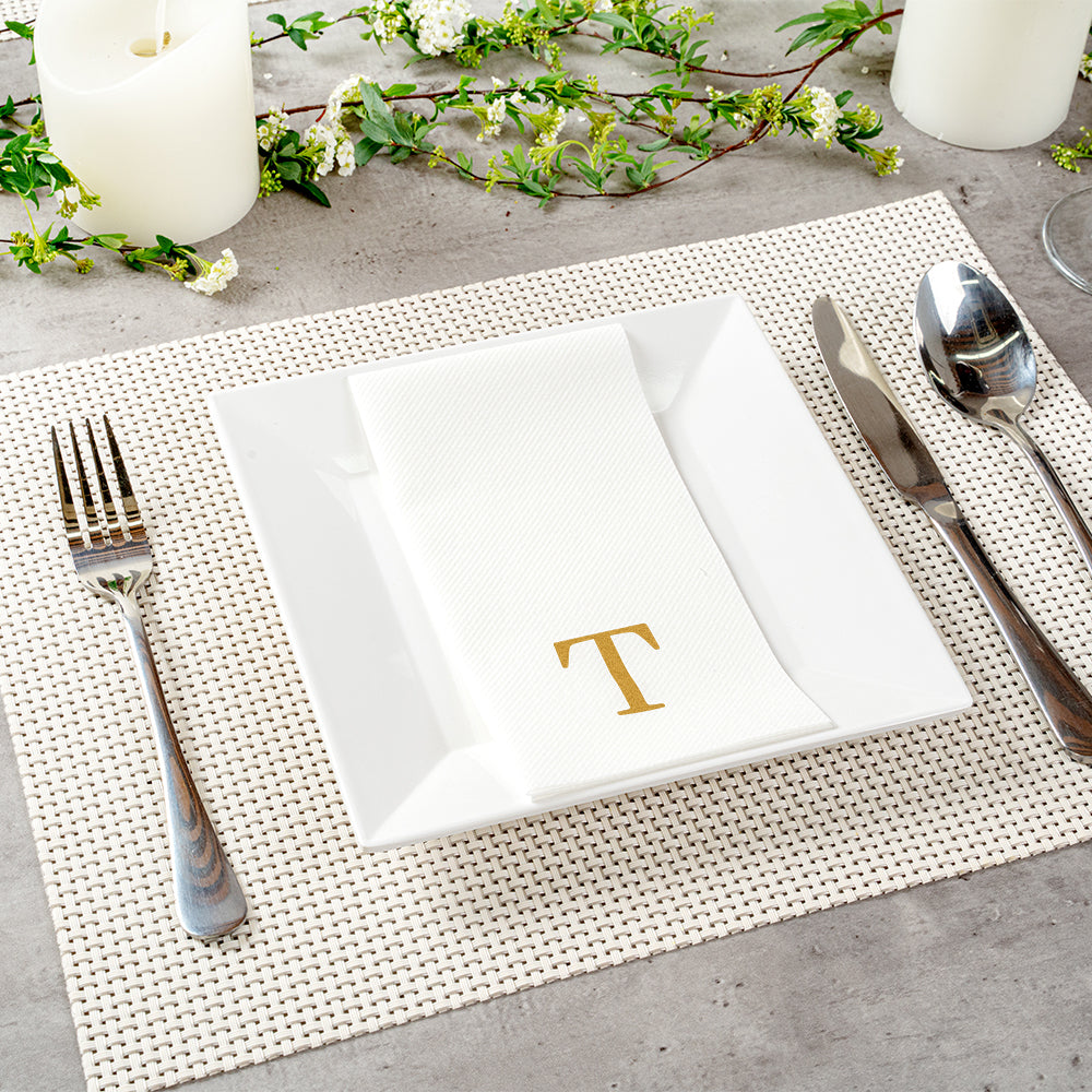 Luxenap Rectangle Gold Letter T White Paper Linen-Feel Guest Towel / Napkin - Air Laid, Sans Serif Font - 15 3/4" x 8" - 2000 count box
