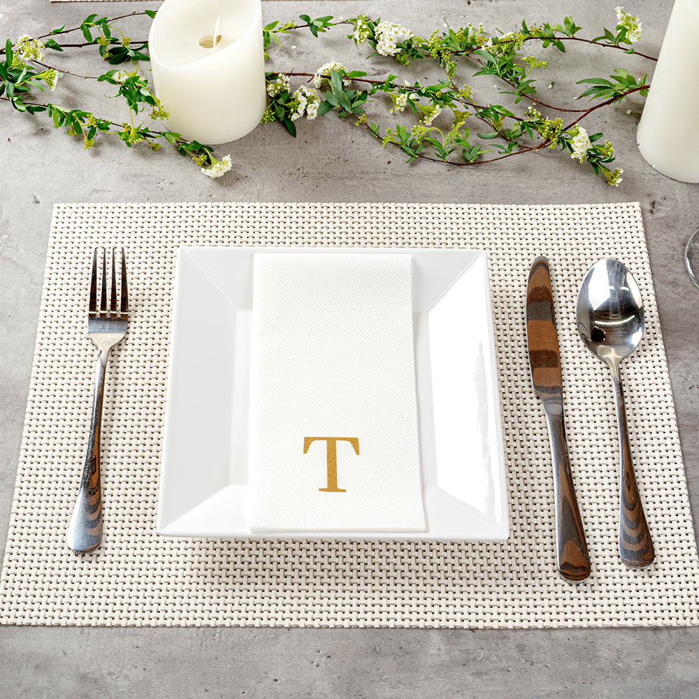 Luxenap Rectangle Gold Letter T White Paper Linen-Feel Guest Towel / Napkin - Air Laid, Sans Serif Font - 15 3/4" x 8" - 50 count box