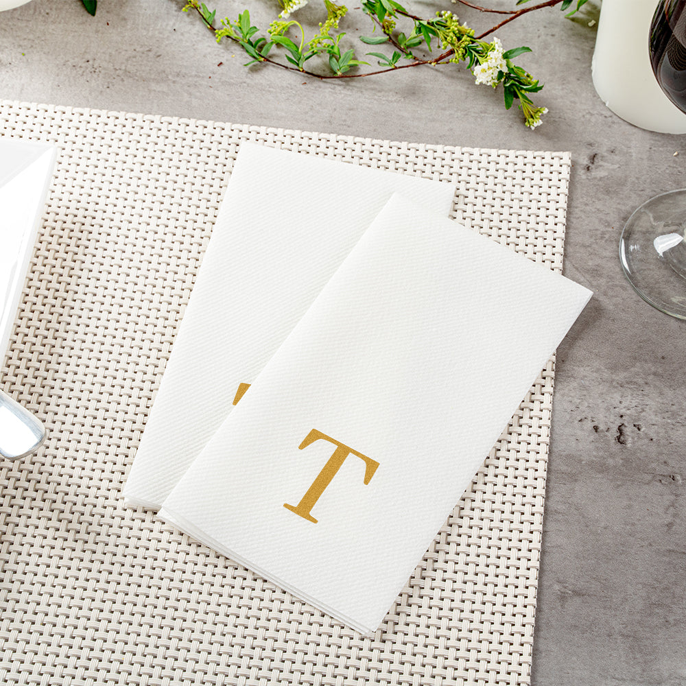 Luxenap Rectangle Gold Letter T White Paper Linen-Feel Guest Towel / Napkin - Air Laid, Sans Serif Font - 15 3/4" x 8" - 50 count box