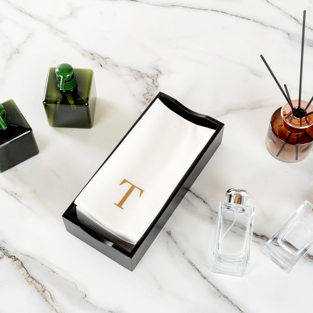 Luxenap Rectangle Gold Letter T White Paper Linen-Feel Guest Towel / Napkin - Air Laid, Sans Serif Font - 15 3/4" x 8" - 50 count box
