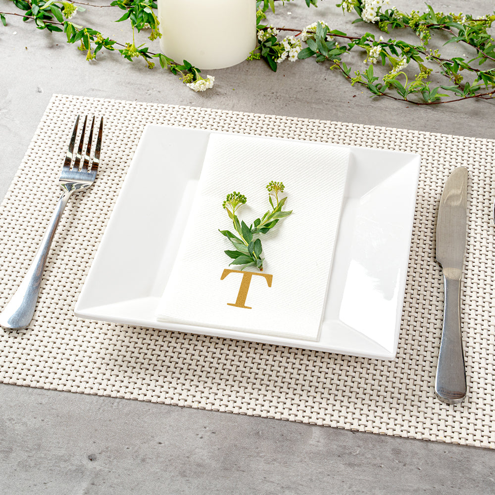 Luxenap Rectangle Gold Letter T White Paper Linen-Feel Guest Towel / Napkin - Air Laid, Sans Serif Font - 15 3/4" x 8" - 2000 count box