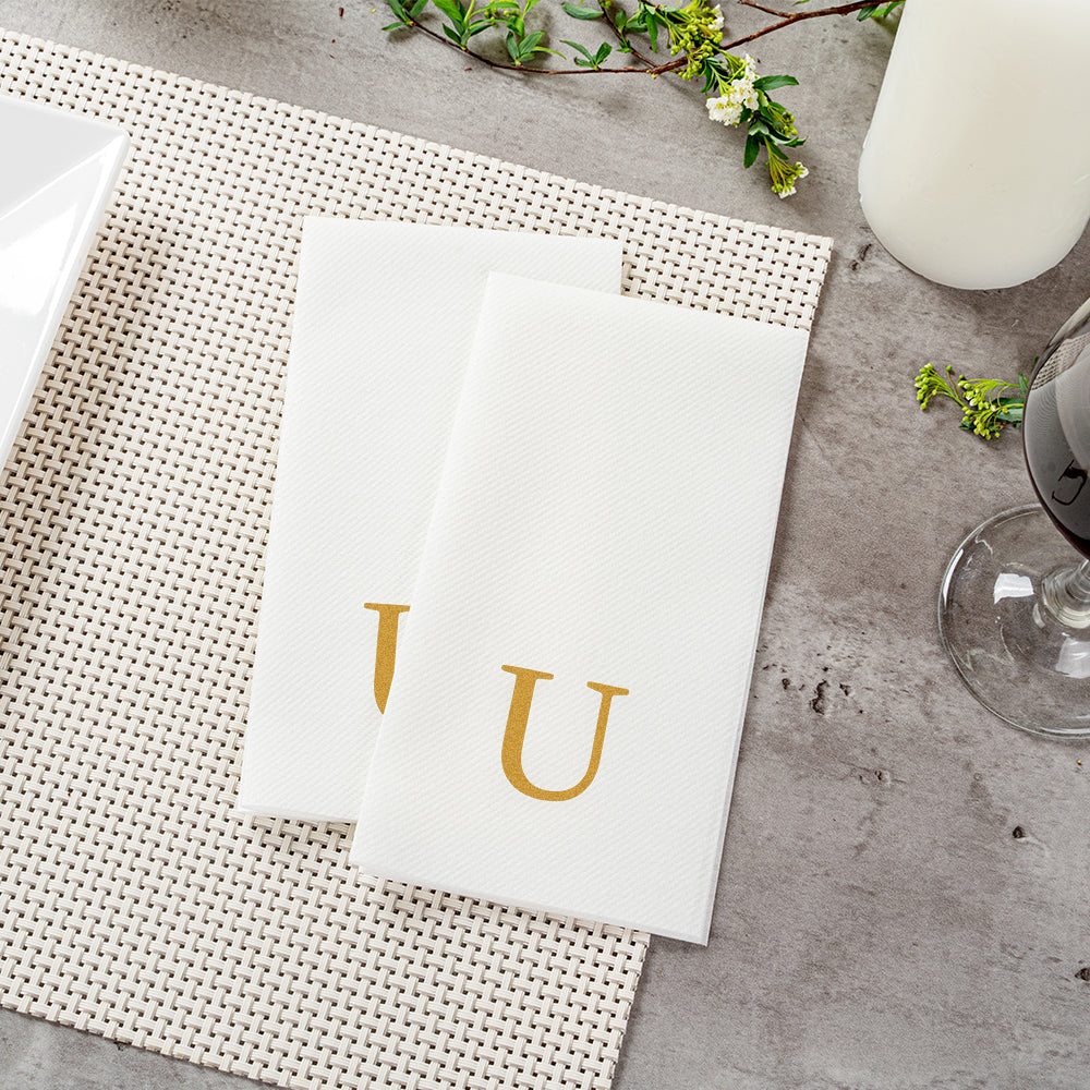 Luxenap Rectangle Gold Letter U White Paper Linen-Feel Guest Towel / Napkin - Air Laid, Sans Serif Font - 15 3/4" x 8" - 50 count box