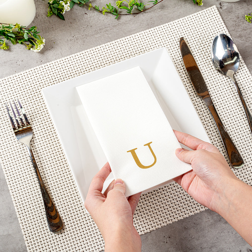 Luxenap Rectangle Gold Letter U White Paper Linen-Feel Guest Towel / Napkin - Air Laid, Sans Serif Font - 15 3/4" x 8" - 2000 count box