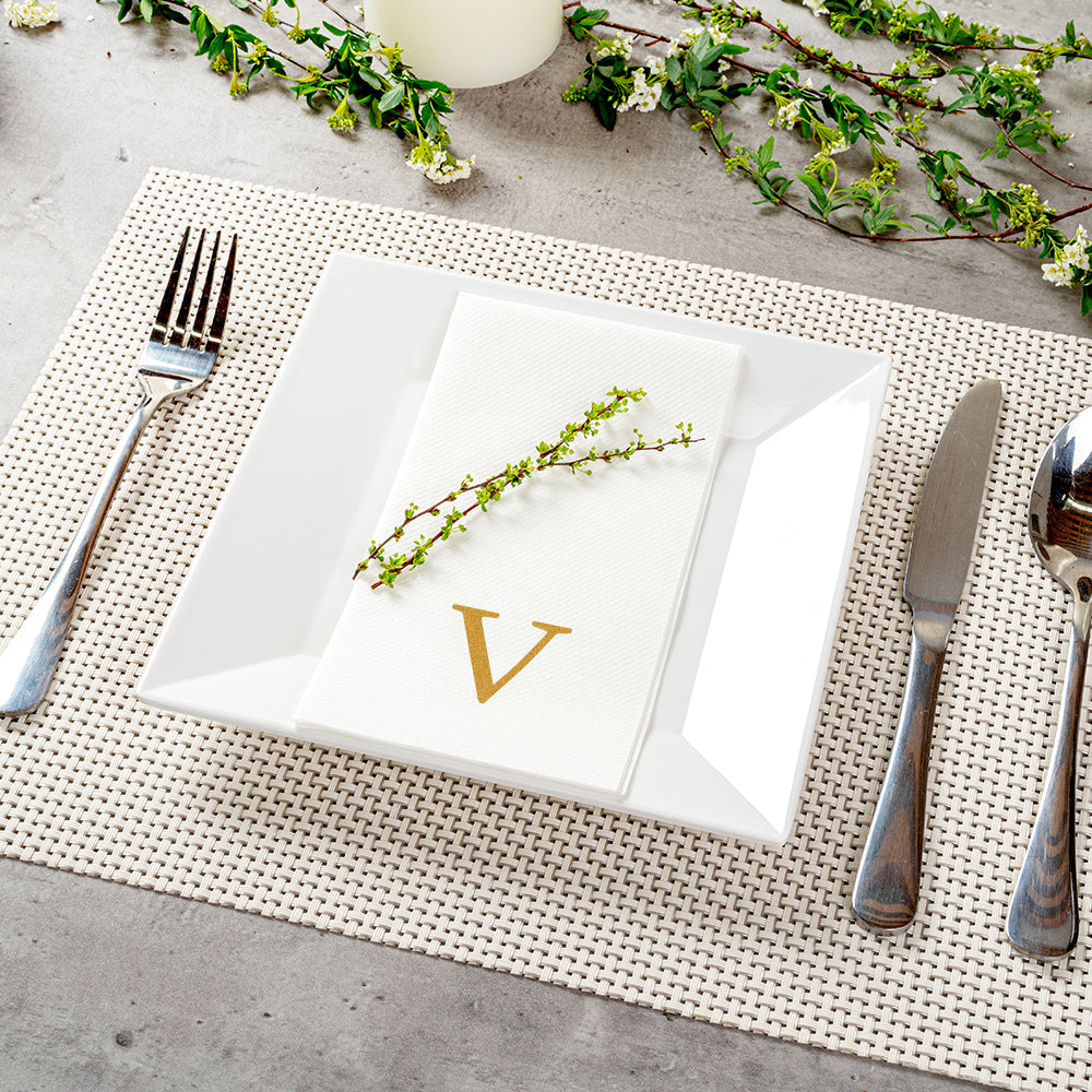 Luxenap Rectangle Gold Letter V White Paper Linen-Feel Guest Towel / Napkin - Air Laid, Sans Serif Font - 15 3/4" x 8" - 2000 count box
