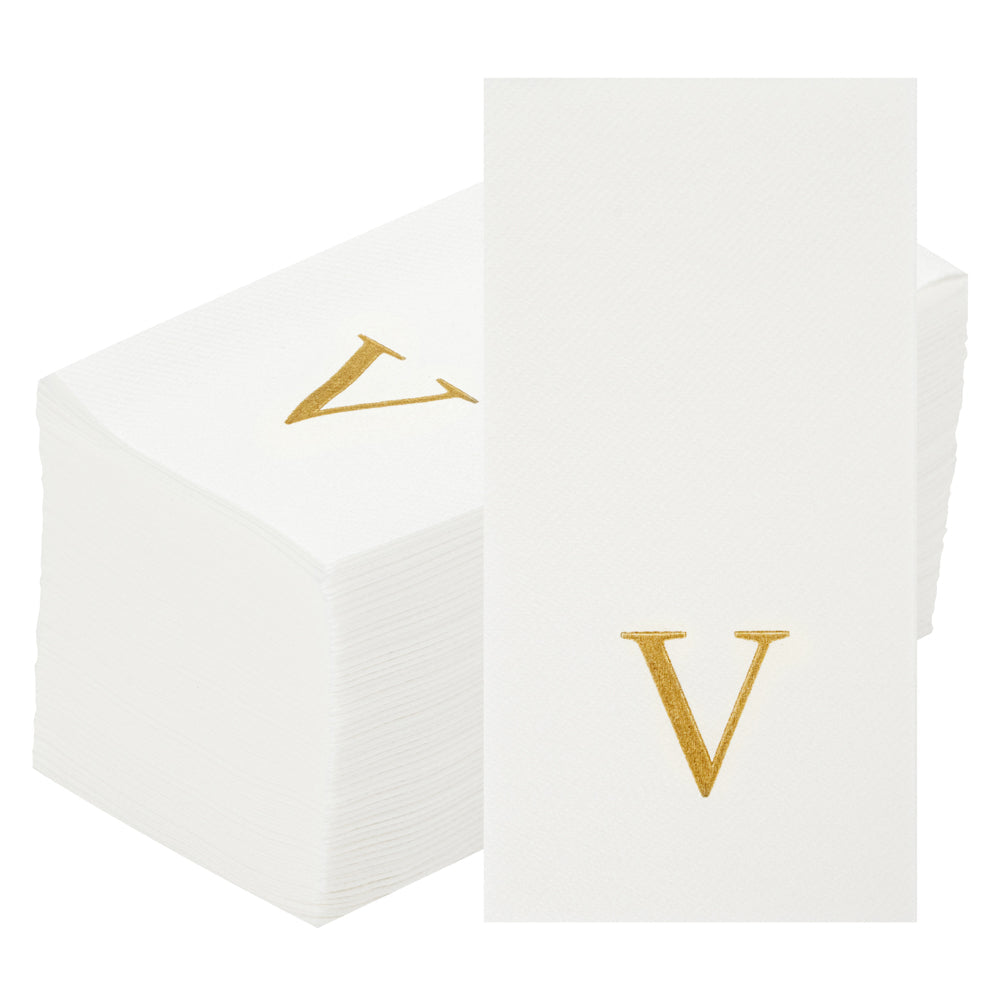 Luxenap Rectangle Gold Letter V White Paper Linen-Feel Guest Towel / Napkin - Air Laid, Sans Serif Font - 15 3/4" x 8" - 50 count box
