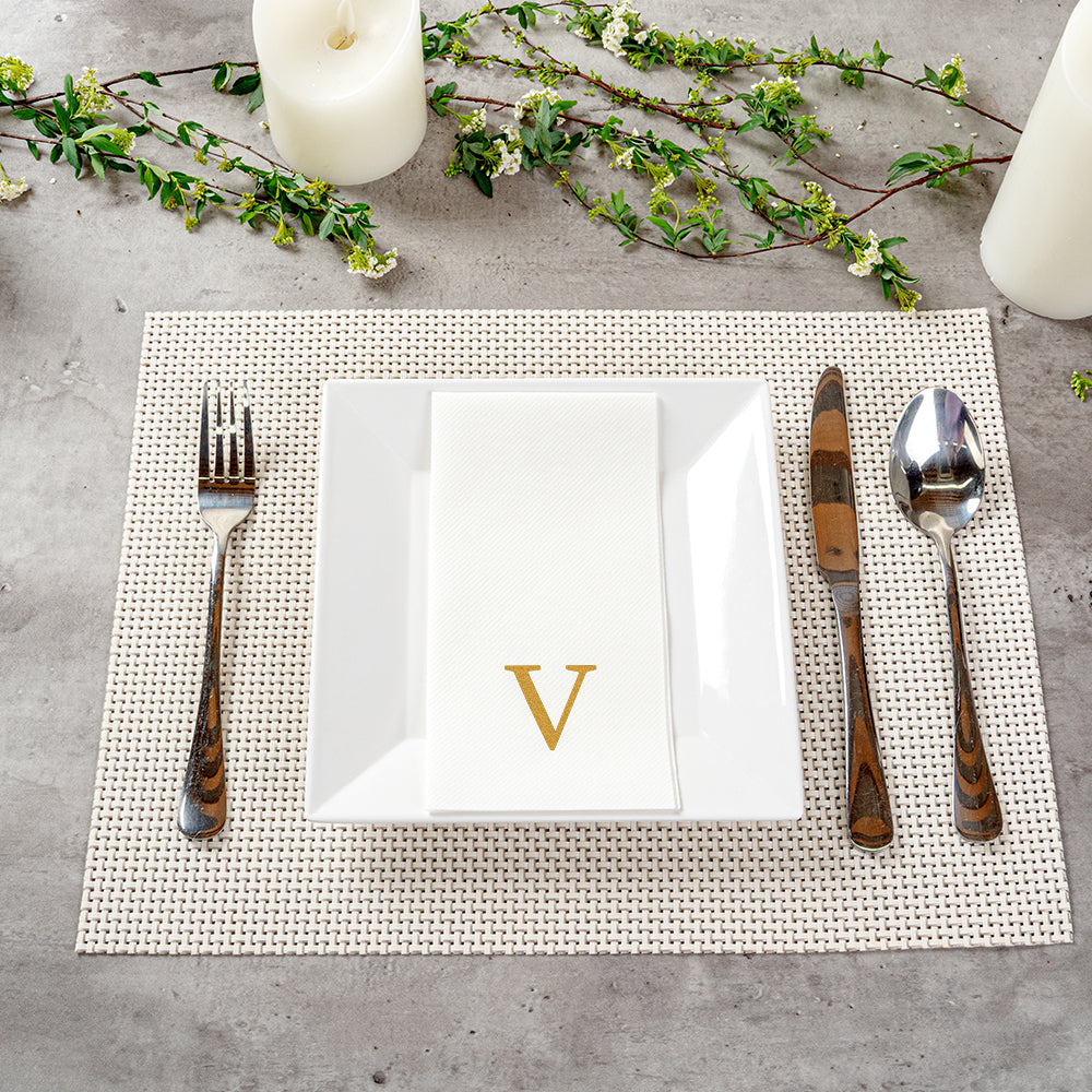 Luxenap Rectangle Gold Letter V White Paper Linen-Feel Guest Towel / Napkin - Air Laid, Sans Serif Font - 15 3/4" x 8" - 50 count box