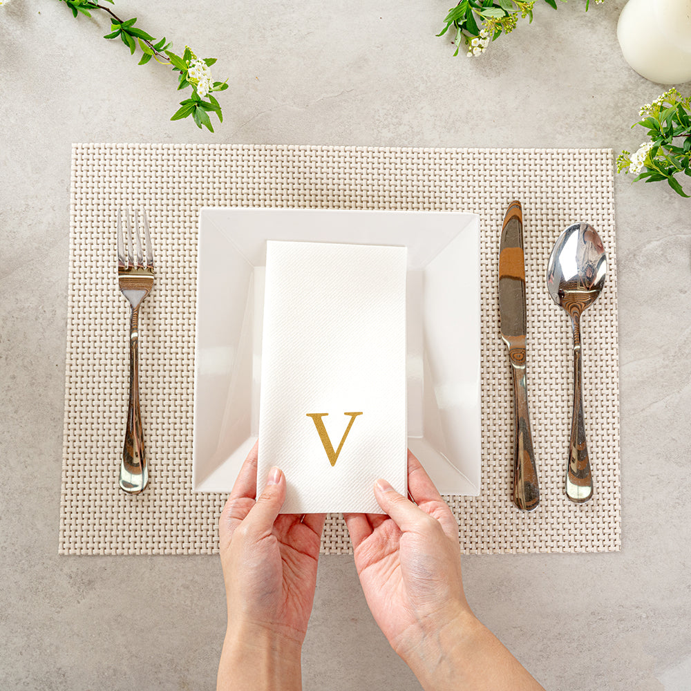 Luxenap Rectangle Gold Letter V White Paper Linen-Feel Guest Towel / Napkin - Air Laid, Sans Serif Font - 15 3/4" x 8" - 2000 count box
