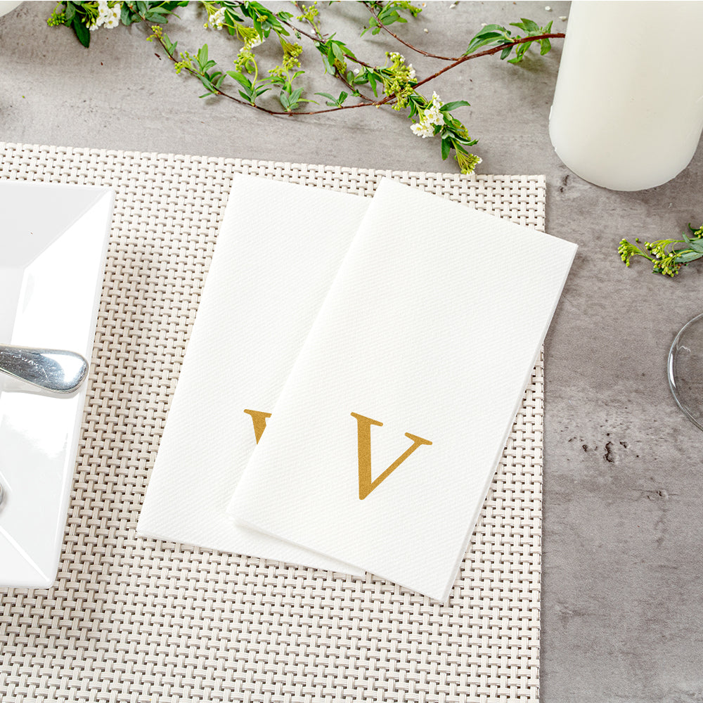 Luxenap Rectangle Gold Letter V White Paper Linen-Feel Guest Towel / Napkin - Air Laid, Sans Serif Font - 15 3/4" x 8" - 2000 count box
