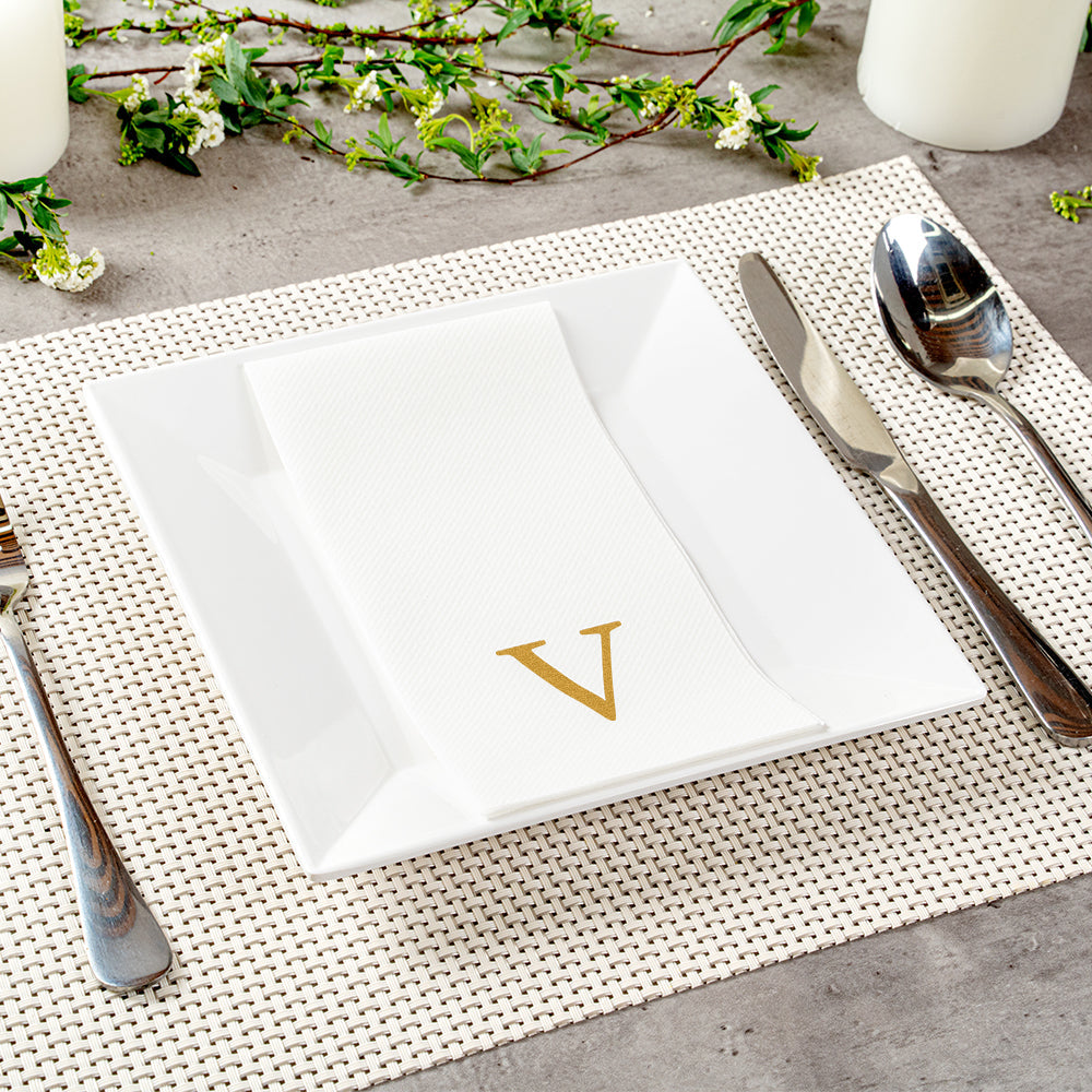 Luxenap Rectangle Gold Letter V White Paper Linen-Feel Guest Towel / Napkin - Air Laid, Sans Serif Font - 15 3/4" x 8" - 2000 count box
