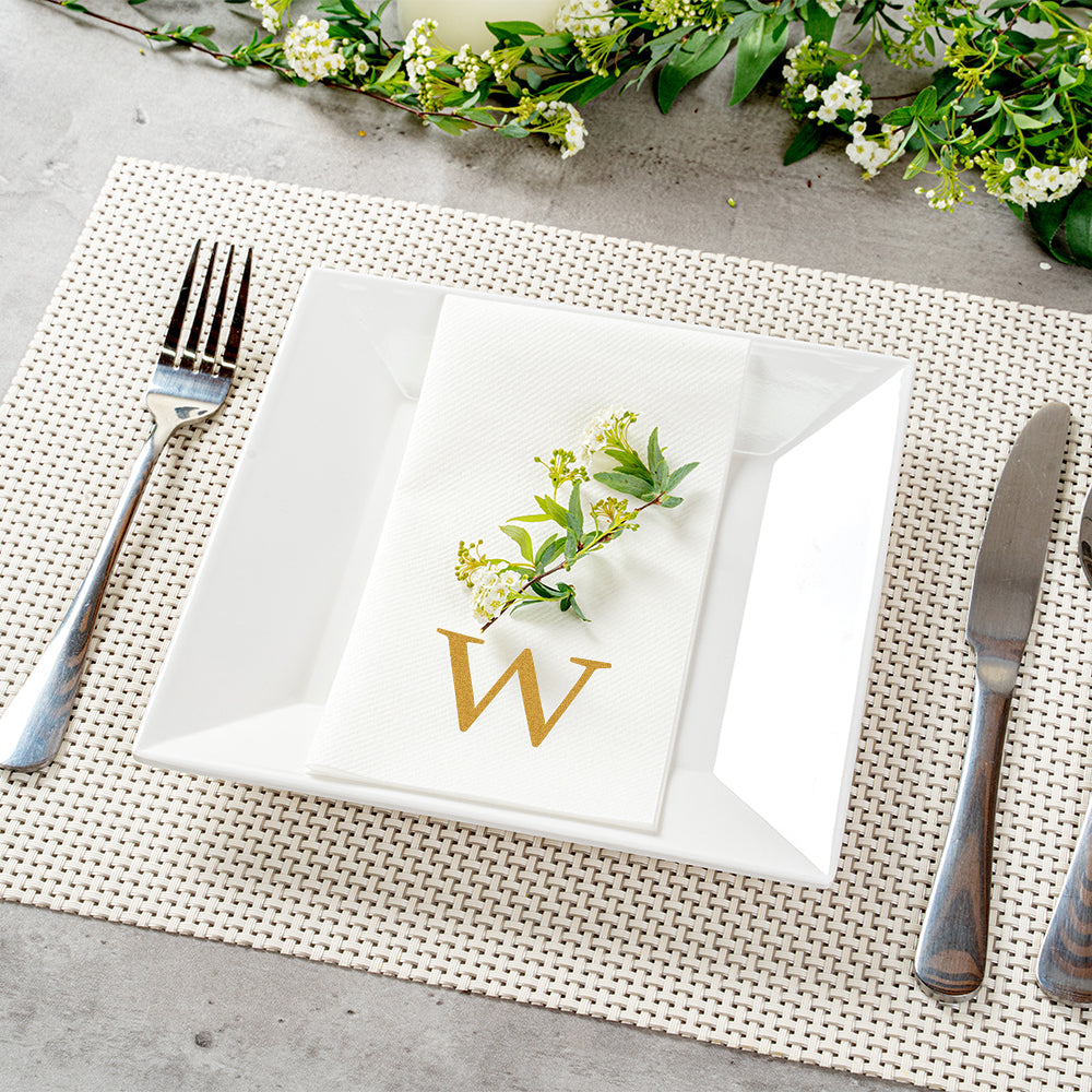 Luxenap Rectangle Gold Letter W White Paper Linen-Feel Guest Towel / Napkin - Air Laid, Sans Serif Font - 15 3/4" x 8" - 2000 count box