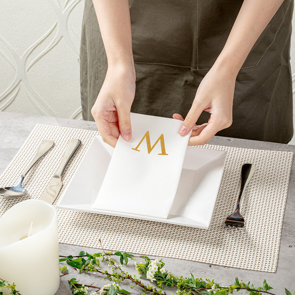 Luxenap Rectangle Gold Letter W White Paper Linen-Feel Guest Towel / Napkin - Air Laid, Sans Serif Font - 15 3/4" x 8" - 50 count box