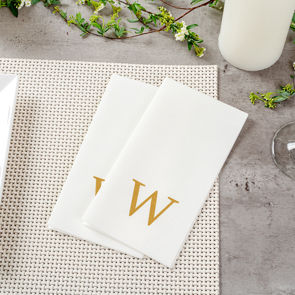 Luxenap Rectangle Gold Letter W White Paper Linen-Feel Guest Towel / Napkin - Air Laid, Sans Serif Font - 15 3/4" x 8" - 50 count box