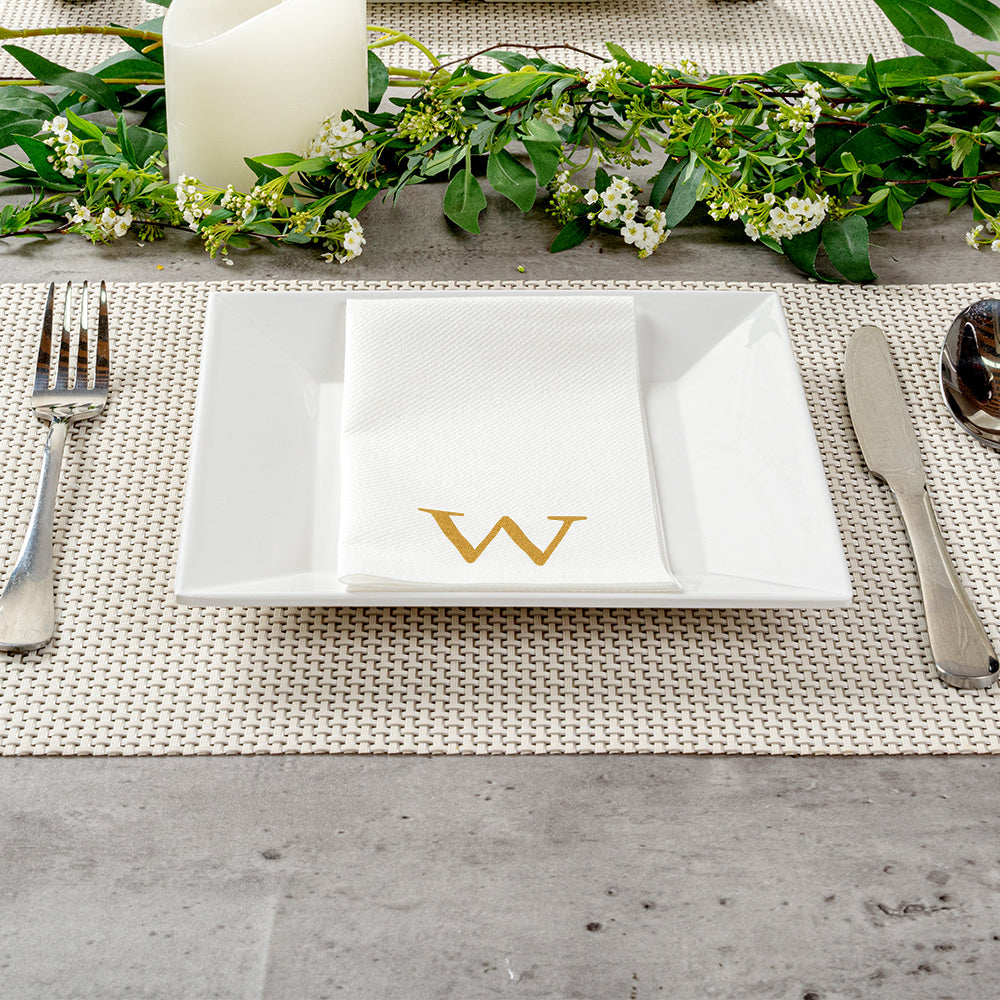 Luxenap Rectangle Gold Letter W White Paper Linen-Feel Guest Towel / Napkin - Air Laid, Sans Serif Font - 15 3/4" x 8" - 2000 count box