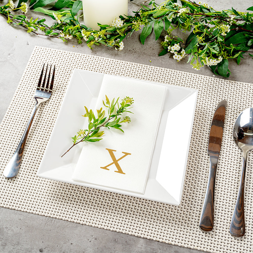 Luxenap Rectangle Gold Letter X White Paper Linen-Feel Guest Towel / Napkin - Air Laid, Sans Serif Font - 15 3/4" x 8" - 50 count box