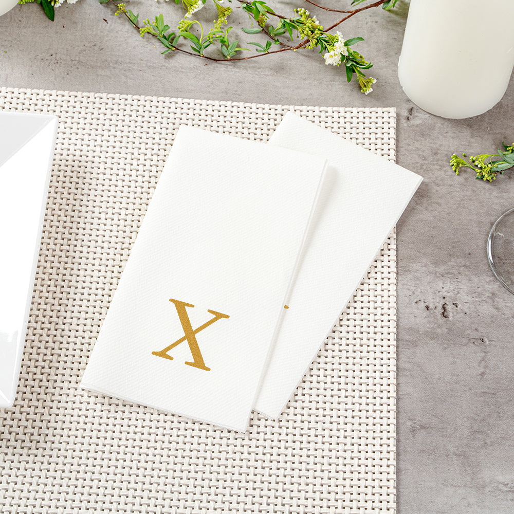 Luxenap Rectangle Gold Letter X White Paper Linen-Feel Guest Towel / Napkin - Air Laid, Sans Serif Font - 15 3/4" x 8" - 2000 count box