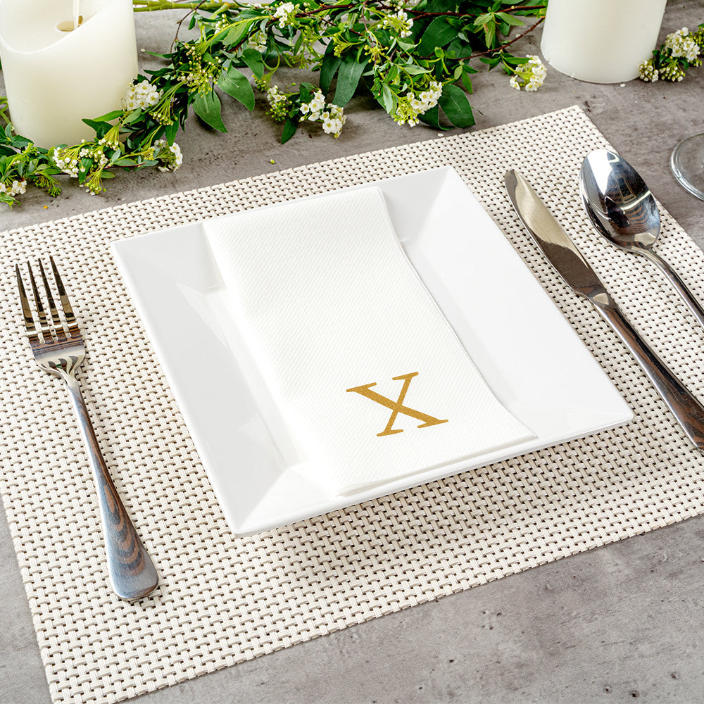 Luxenap Rectangle Gold Letter X White Paper Linen-Feel Guest Towel / Napkin - Air Laid, Sans Serif Font - 15 3/4" x 8" - 2000 count box