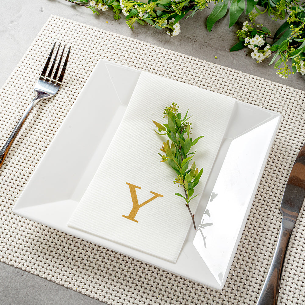 Luxenap Rectangle Gold Letter Y White Paper Linen-Feel Guest Towel / Napkin - Air Laid, Sans Serif Font - 15 3/4" x 8" - 50 count box