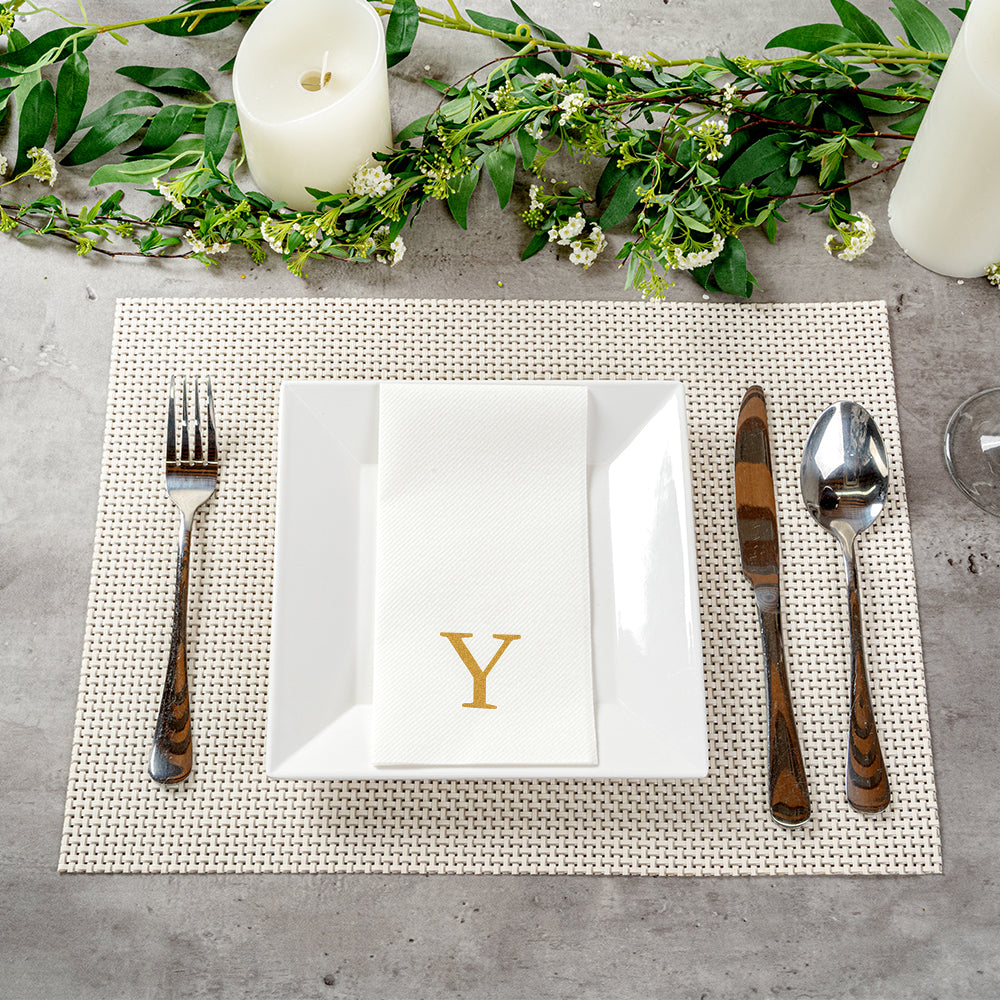 Luxenap Rectangle Gold Letter Y White Paper Linen-Feel Guest Towel / Napkin - Air Laid, Sans Serif Font - 15 3/4" x 8" - 50 count box
