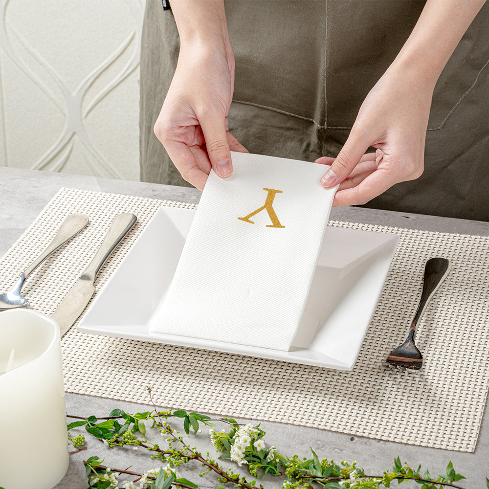 Luxenap Rectangle Gold Letter Y White Paper Linen-Feel Guest Towel / Napkin - Air Laid, Sans Serif Font - 15 3/4" x 8" - 50 count box