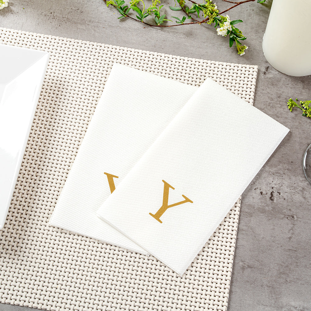 Luxenap Rectangle Gold Letter Y White Paper Linen-Feel Guest Towel / Napkin - Air Laid, Sans Serif Font - 15 3/4" x 8" - 2000 count box