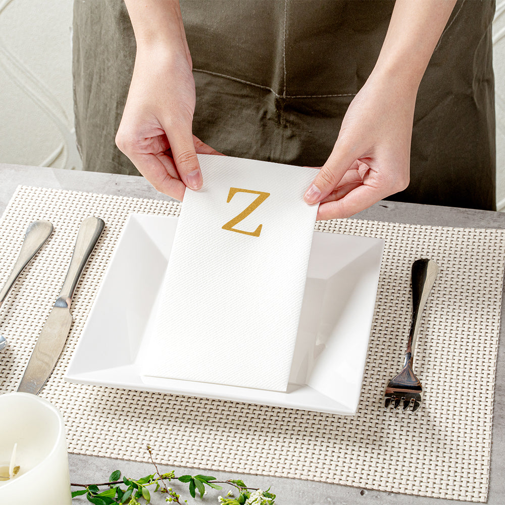 Luxenap Rectangle Gold Letter Z White Paper Linen-Feel Guest Towel / Napkin - Air Laid, Sans Serif Font - 15 3/4" x 8" - 50 count box