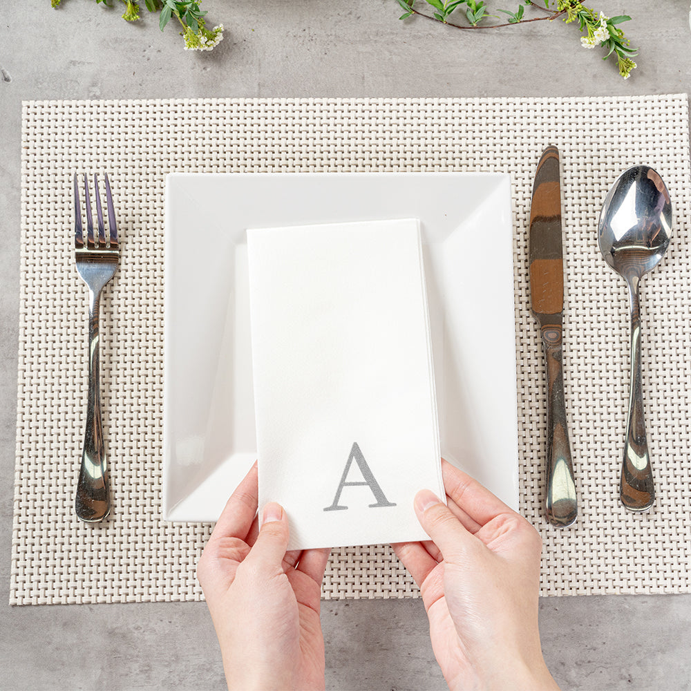 Luxenap Rectangle Silver Letter A White Paper Linen-Feel Guest Towel / Napkin - Air Laid, Sans Serif Font - 15 3/4" x 8" - 50 count box