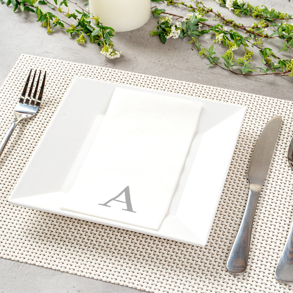Luxenap Rectangle Silver Letter A White Paper Linen-Feel Guest Towel / Napkin - Air Laid, Sans Serif Font - 15 3/4" x 8" - 2000 count box
