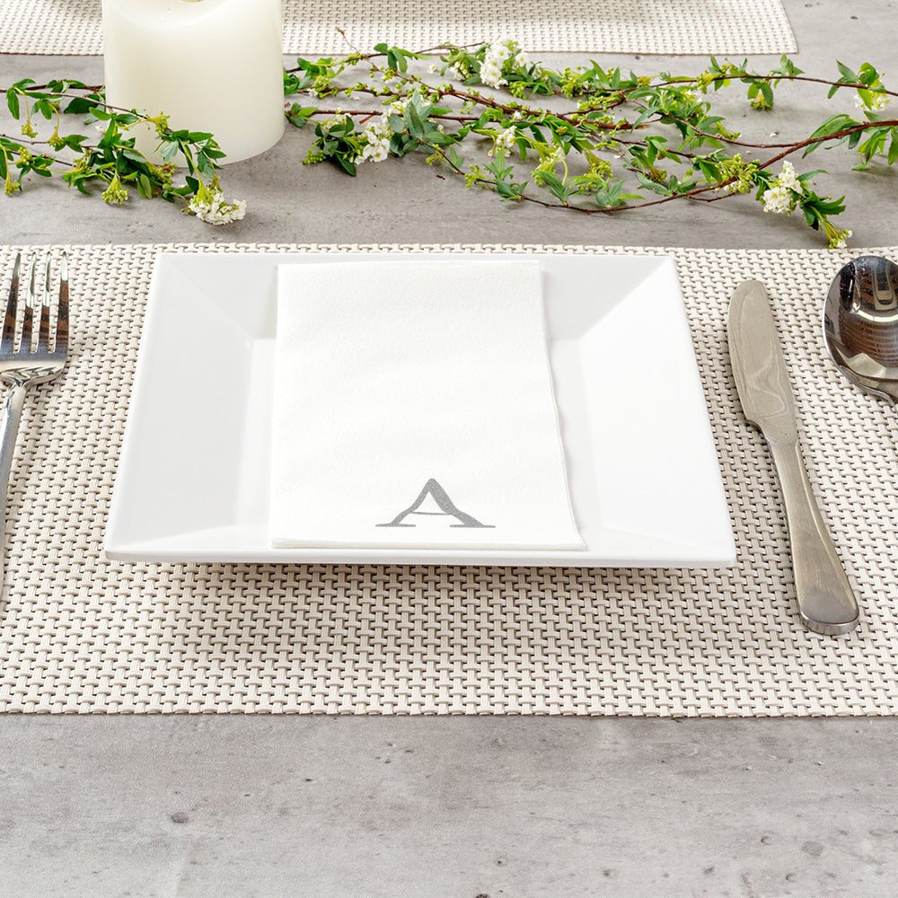 Luxenap Rectangle Silver Letter A White Paper Linen-Feel Guest Towel / Napkin - Air Laid, Sans Serif Font - 15 3/4" x 8" - 2000 count box