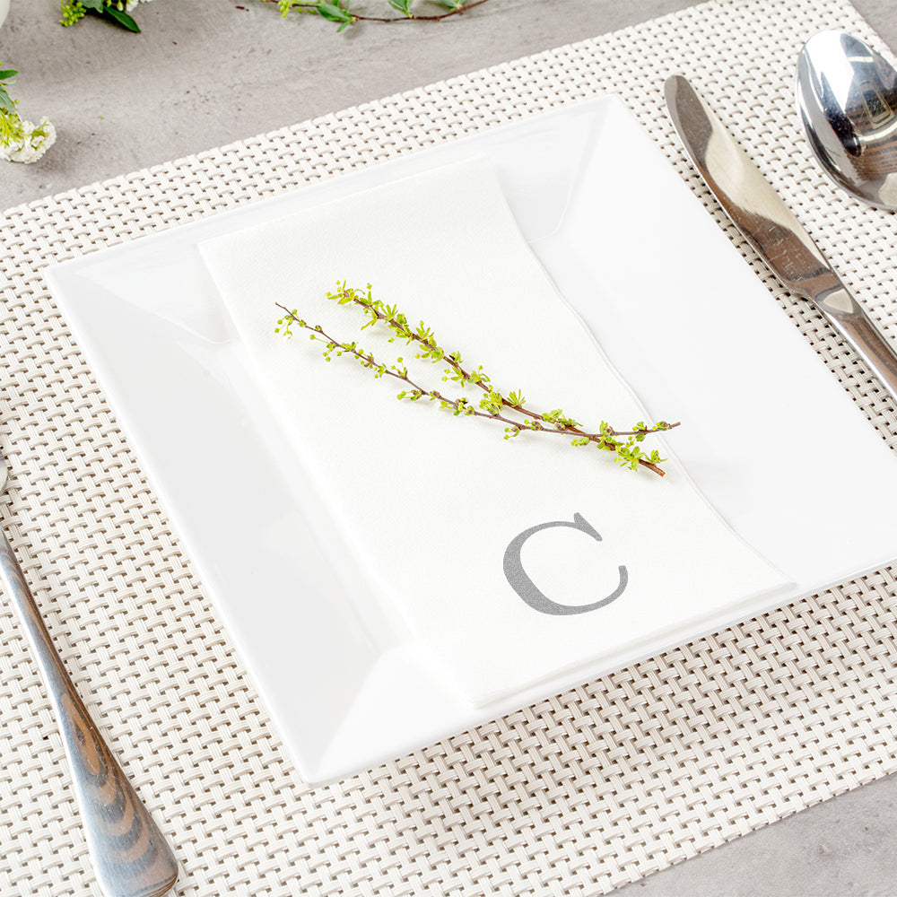Luxenap Rectangle Silver Letter C White Paper Linen-Feel Guest Towel / Napkin - Air Laid, Sans Serif Font - 15 3/4" x 8" - 50 count box