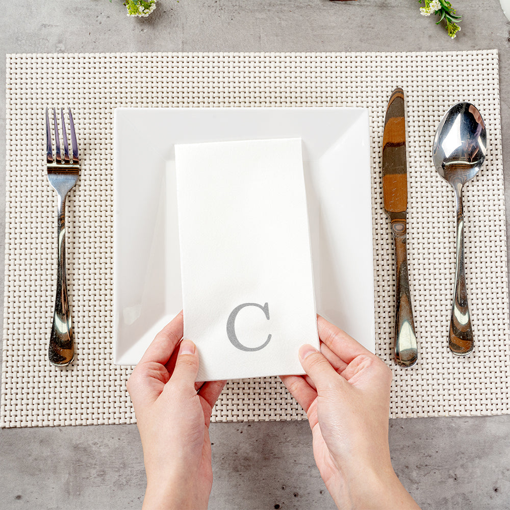 Luxenap Rectangle Silver Letter C White Paper Linen-Feel Guest Towel / Napkin - Air Laid, Sans Serif Font - 15 3/4" x 8" - 50 count box