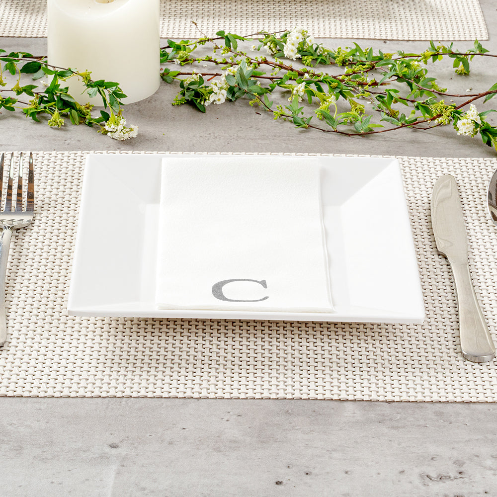 Luxenap Rectangle Silver Letter C White Paper Linen-Feel Guest Towel / Napkin - Air Laid, Sans Serif Font - 15 3/4" x 8" - 50 count box
