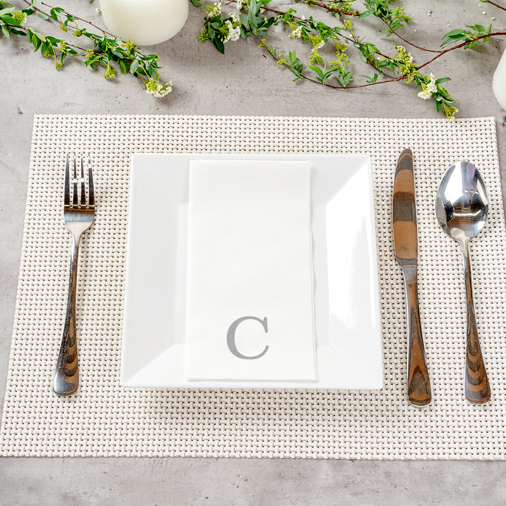 Luxenap Rectangle Silver Letter C White Paper Linen-Feel Guest Towel / Napkin - Air Laid, Sans Serif Font - 15 3/4" x 8" - 2000 count box