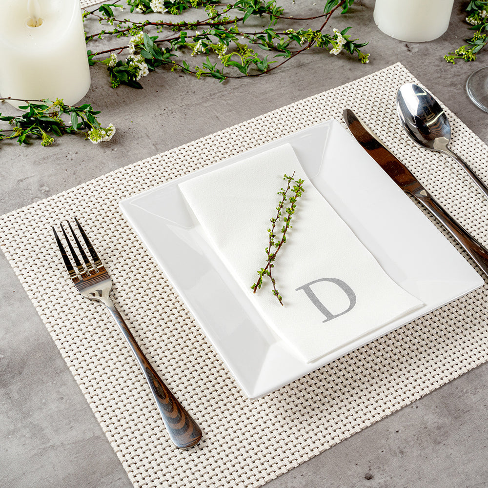 Luxenap Rectangle Silver Letter D White Paper Linen-Feel Guest Towel / Napkin - Air Laid, Sans Serif Font - 15 3/4" x 8" - 50 count box