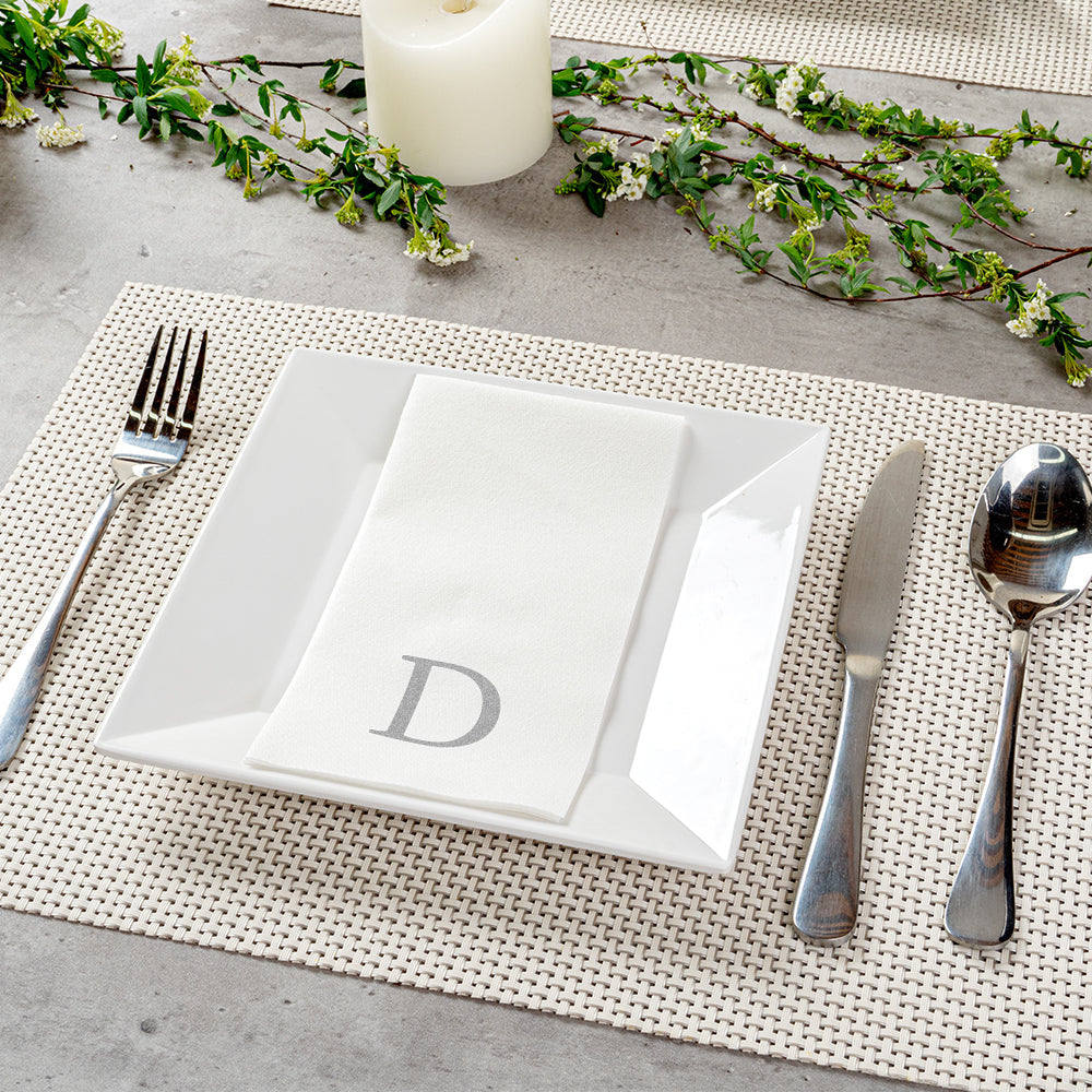 Luxenap Rectangle Silver Letter D White Paper Linen-Feel Guest Towel / Napkin - Air Laid, Sans Serif Font - 15 3/4" x 8" - 50 count box