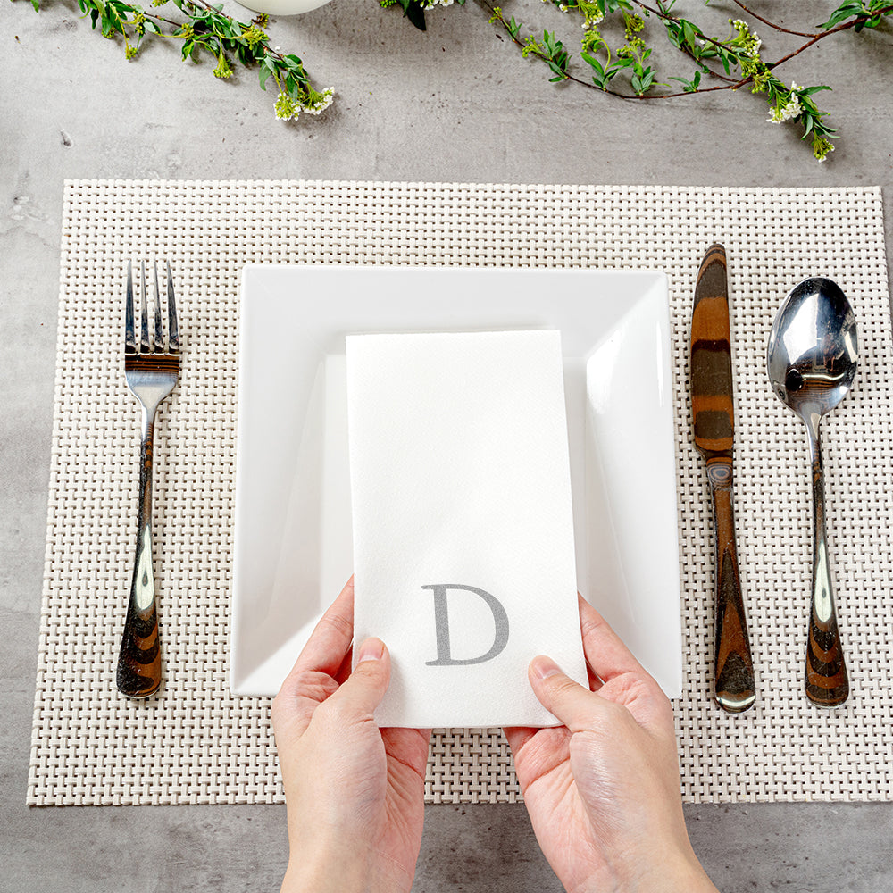 Luxenap Rectangle Silver Letter D White Paper Linen-Feel Guest Towel / Napkin - Air Laid, Sans Serif Font - 15 3/4" x 8" - 2000 count box
