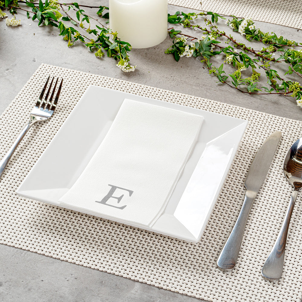 Luxenap Rectangle Silver Letter E White Paper Linen-Feel Guest Towel / Napkin - Air Laid, Sans Serif Font - 15 3/4" x 8" - 50 count box