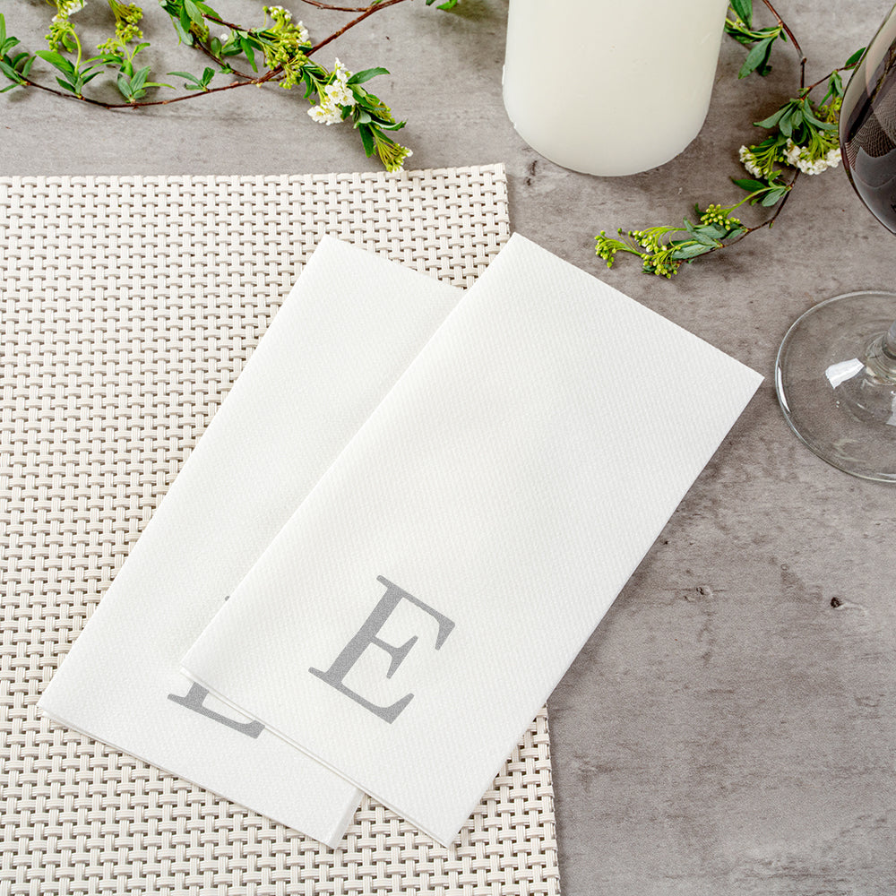 Luxenap Rectangle Silver Letter E White Paper Linen-Feel Guest Towel / Napkin - Air Laid, Sans Serif Font - 15 3/4" x 8" - 50 count box