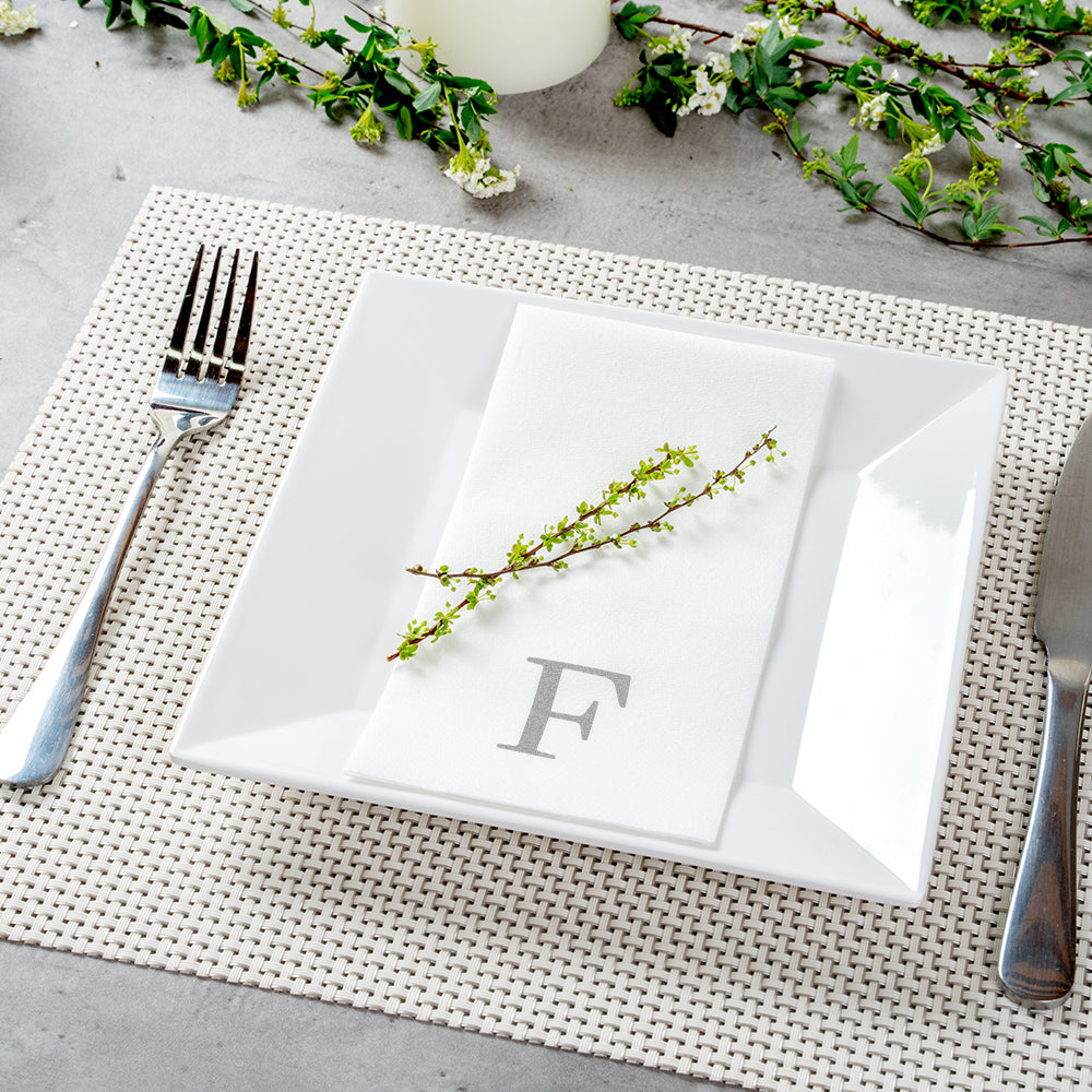 Luxenap Rectangle Silver Letter F White Paper Linen-Feel Guest Towel / Napkin - Air Laid, Sans Serif Font - 15 3/4" x 8" - 2000 count box