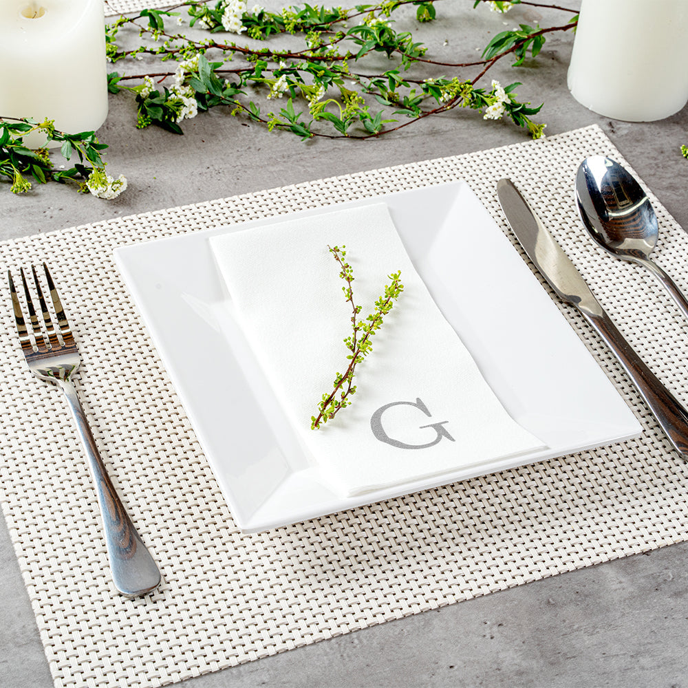 Luxenap Rectangle Silver Letter G White Paper Linen-Feel Guest Towel / Napkin - Air Laid, Sans Serif Font - 15 3/4" x 8" - 2000 count box