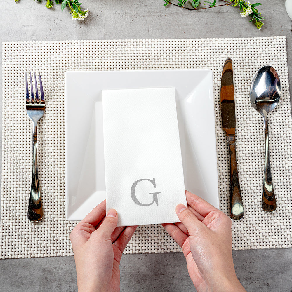 Luxenap Rectangle Silver Letter G White Paper Linen-Feel Guest Towel / Napkin - Air Laid, Sans Serif Font - 15 3/4" x 8" - 2000 count box