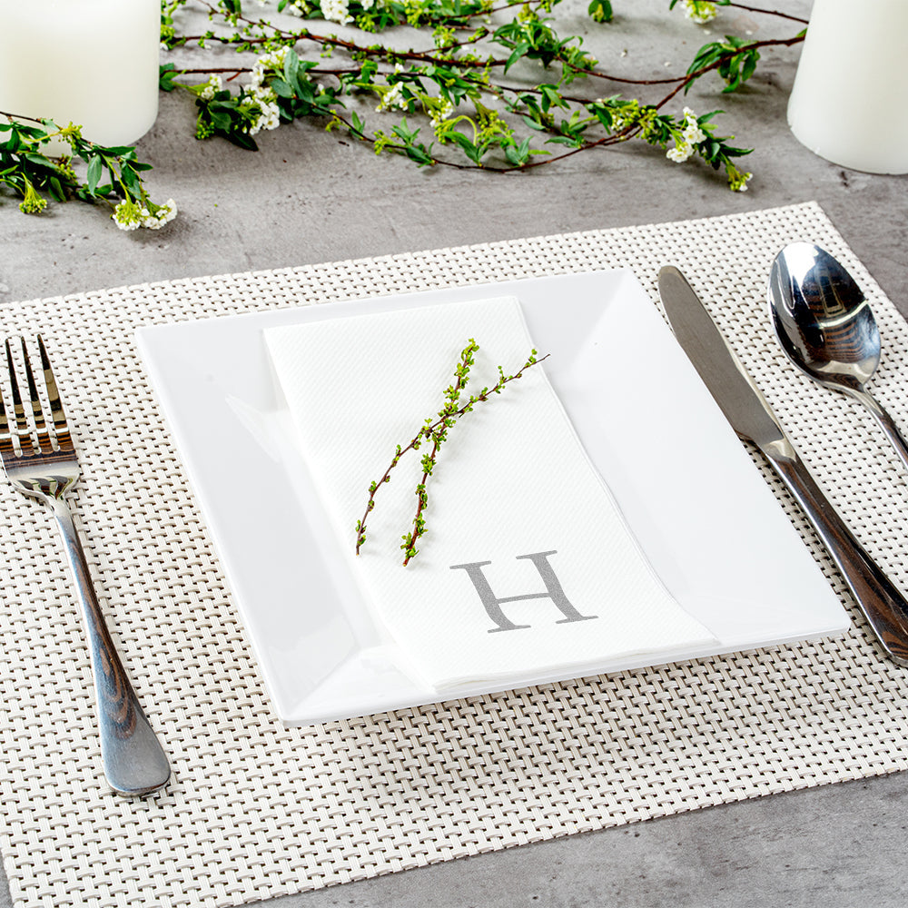 Luxenap Rectangle Silver Letter H White Paper Linen-Feel Guest Towel / Napkin - Air Laid, Sans Serif Font - 15 3/4" x 8" - 2000 count box